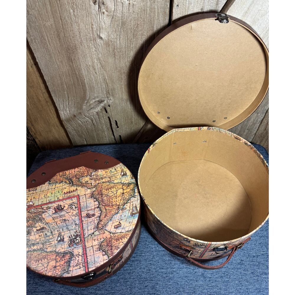 Vintage Old World Map Cardboard Nesting Hatbox Storage Metal Push Lock Accents - Picture 10 of 13